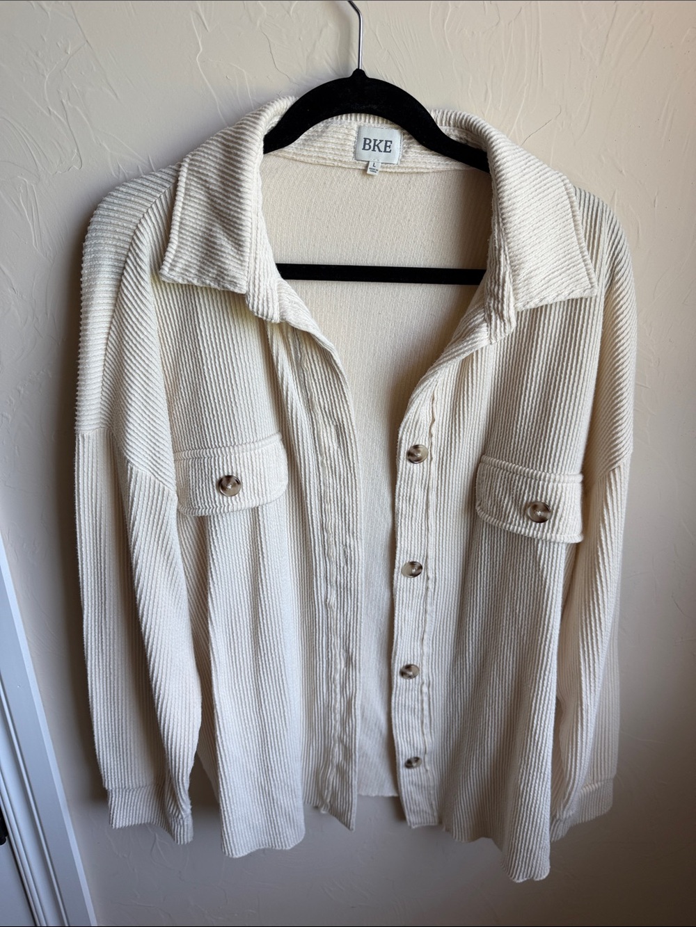 BKE Ivory Ribbed Button-Up Shirt Jacket